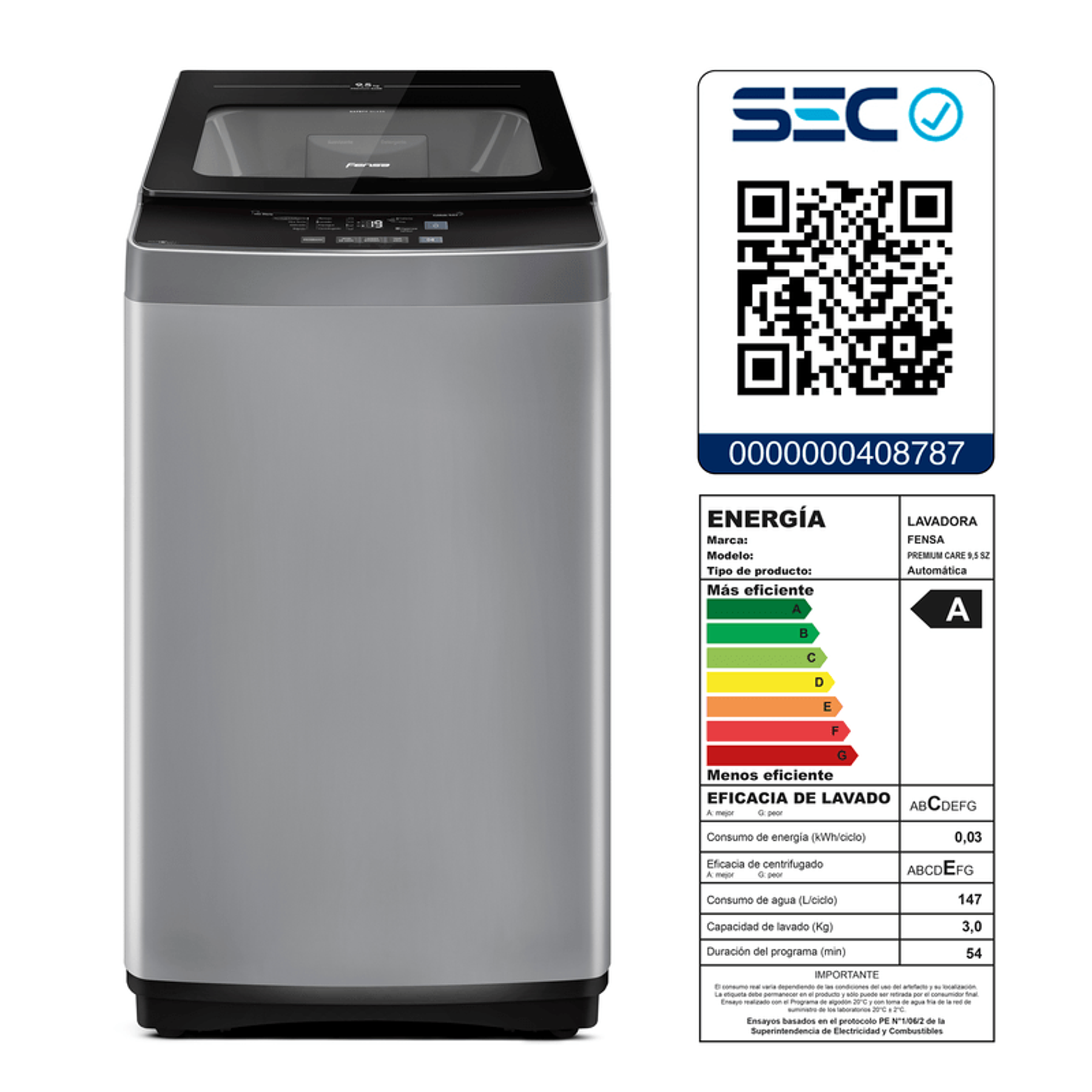 LAVADORA AUTOMÁTICA FENSA 9,5KG CARGA SUPERIOR CONTROL TIEMPO PREMIUM CARE 9,5SZ GRIS
