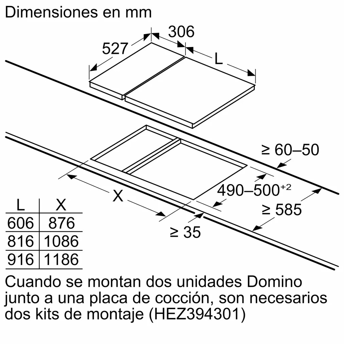 Serie 6 Placa dominó, inducción 30 cm Negro, con perfiles 9