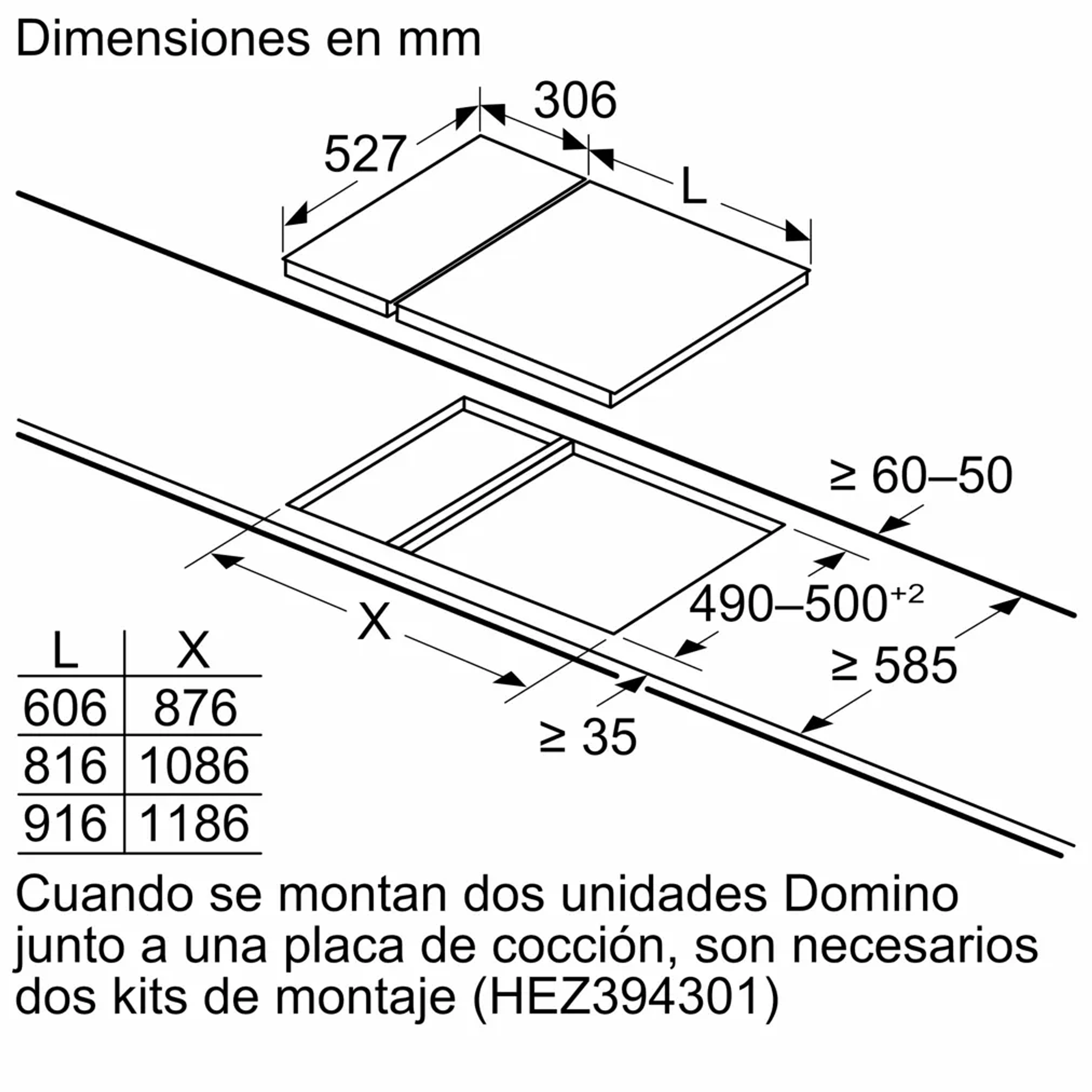 Serie 6 Placa dominó, Inducción 30 cm Negro, con perfiles