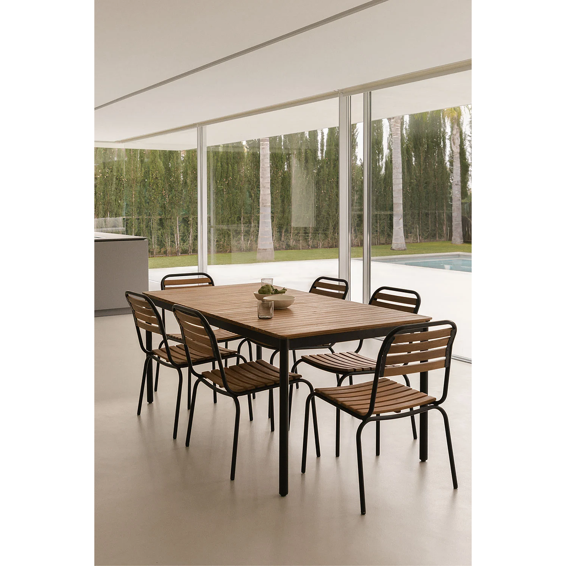 Juego de Comedor 6 Sillas Apilables en Acero y Madera de Acacia (160 x 90cm) 1