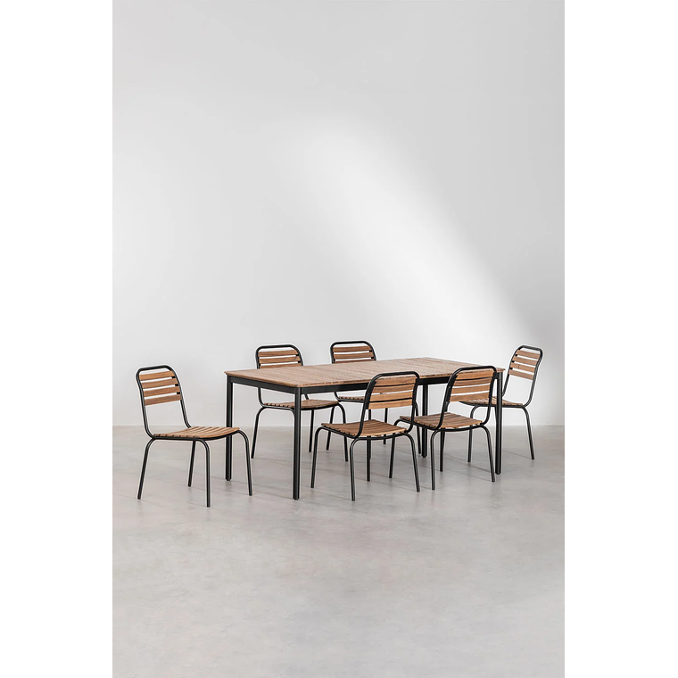 Juego de Comedor 6 Sillas Apilables en Acero y Madera de Acacia (160 x 90cm) 2