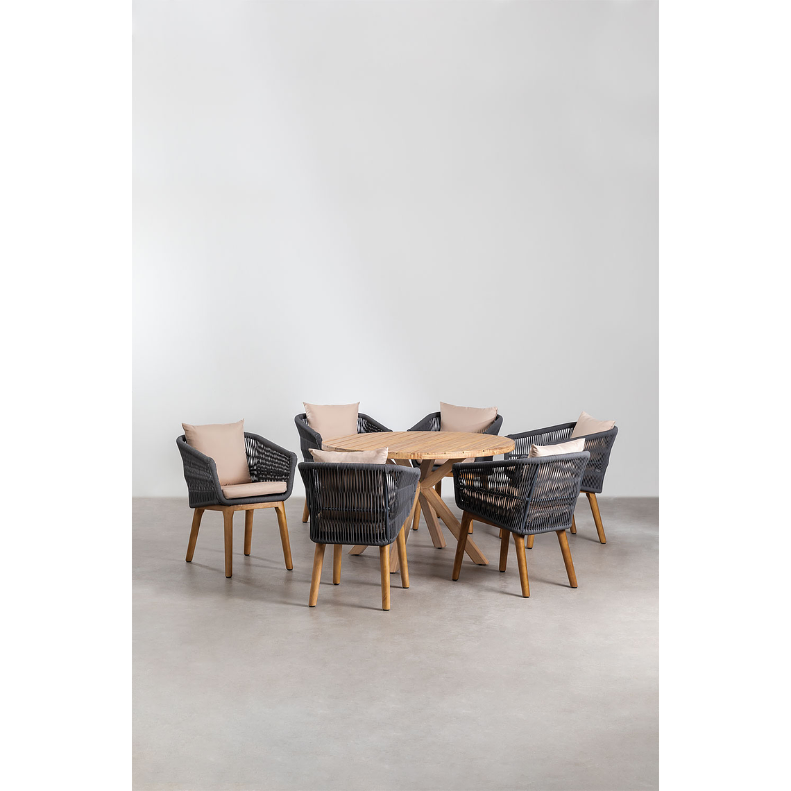Juego de Comedor Redondo 6 Sillas en Madera de Eucalipto (120cm) 1
