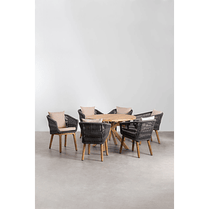 Juego de Comedor Redondo 6 Sillas en Madera de Eucalipto (120cm)