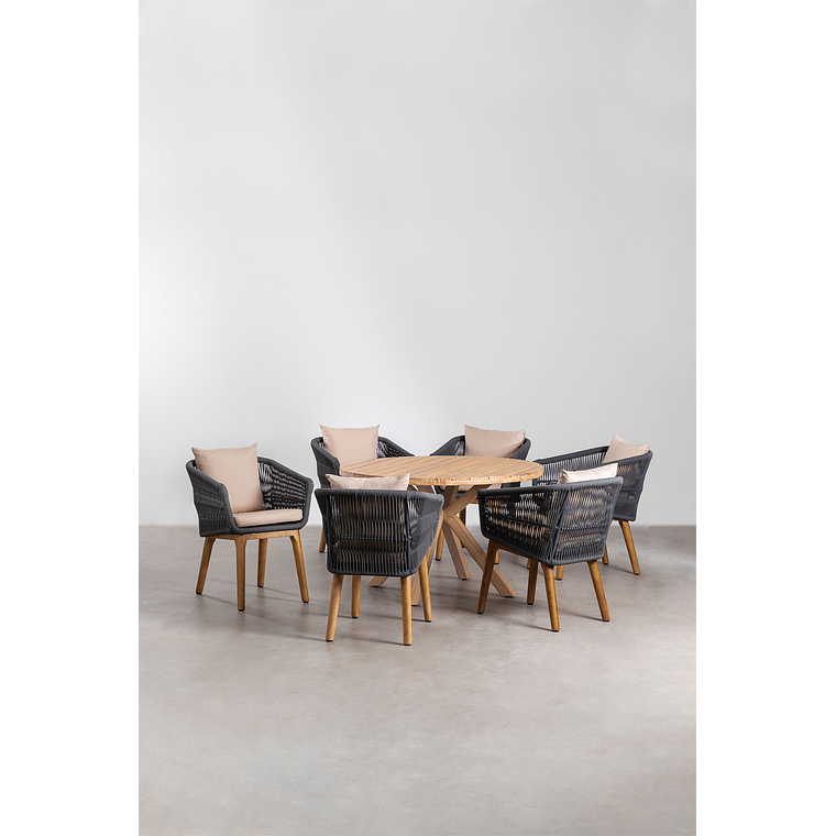 Juego de Comedor Redondo 6 Sillas en Madera de Eucalipto (120cm) 1