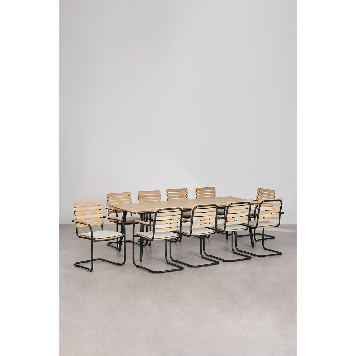 Juego de Comedor Rectangular 10 Sillas en Reposabrazos en Madera de Acacia (240 x 100 cm) Lowel 1