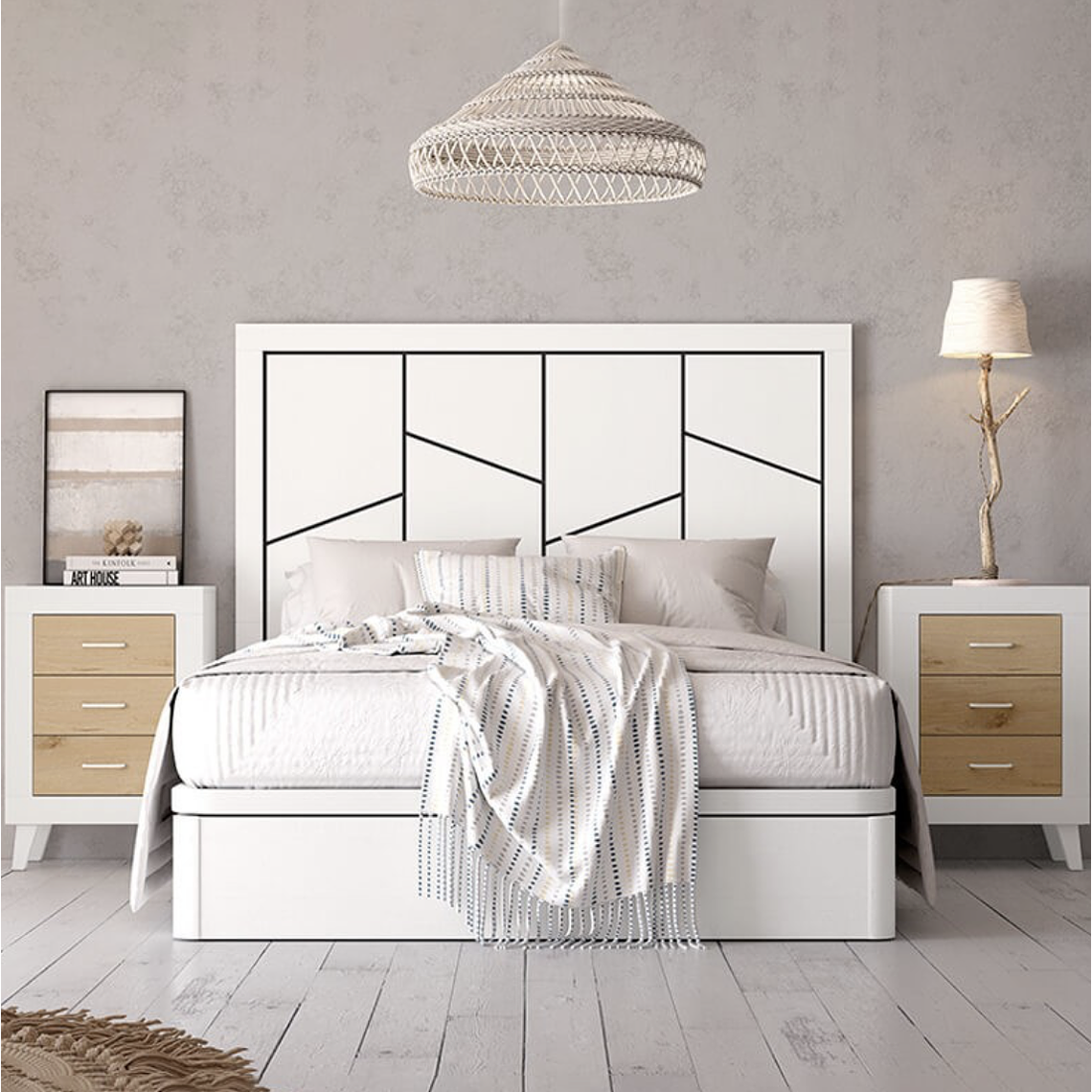 Respaldo + dos veladores con 3 cajones AZOR BLANCO/ROBLE  161 cm 1