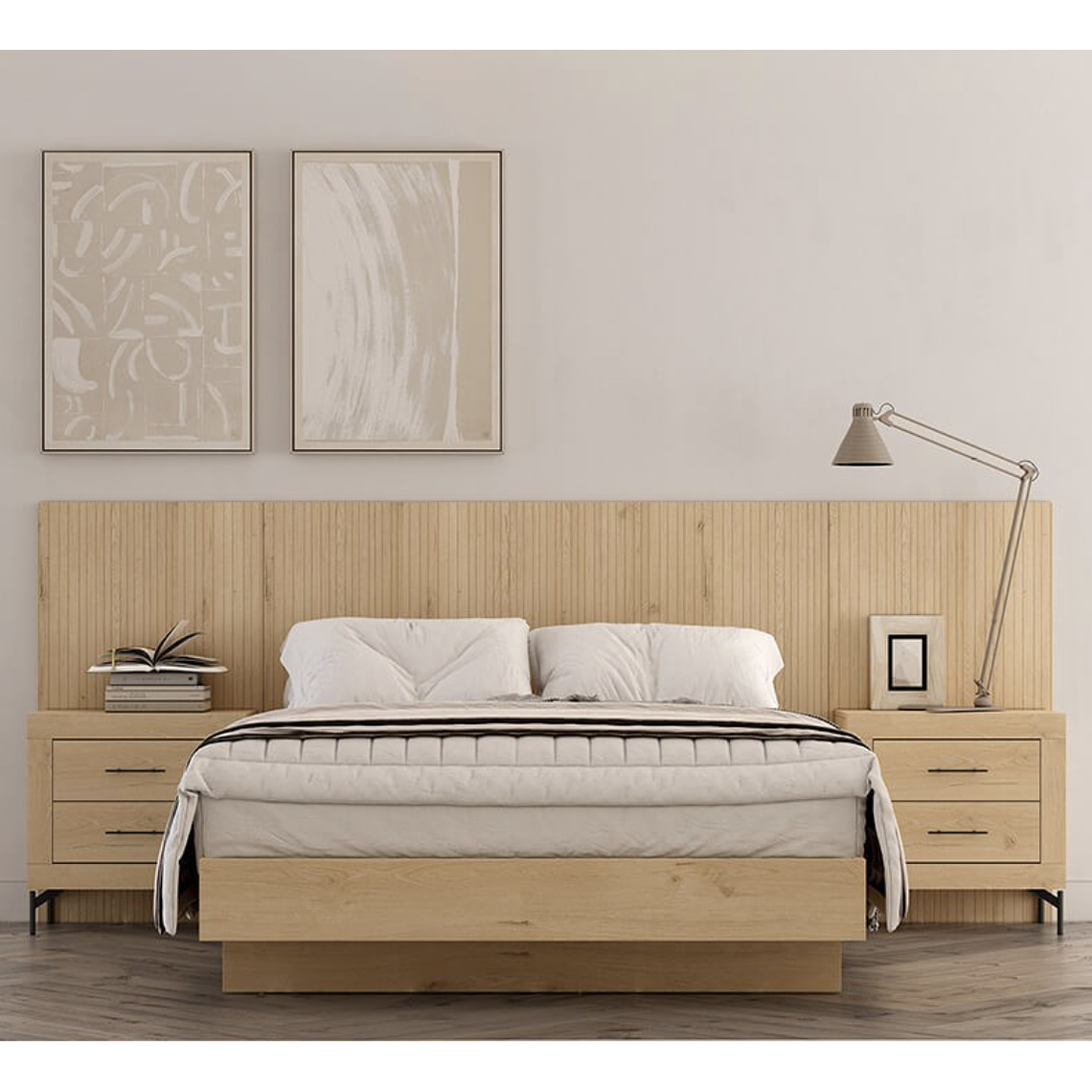 Respaldo + dos veladores con 2 cajones con patas metalicas 161 cm JORDAN 1