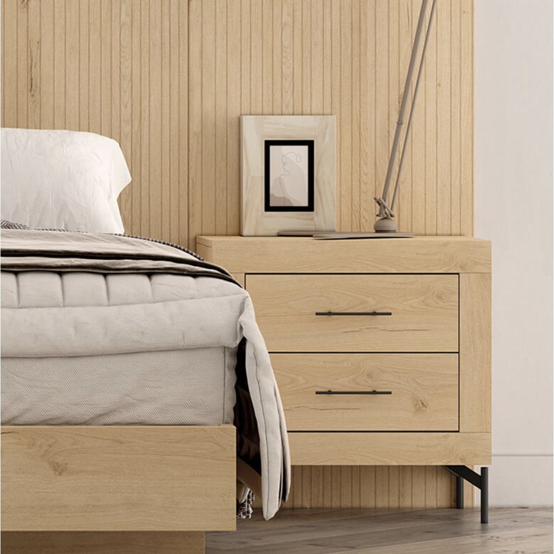 Respaldo + dos veladores con 2 cajones con patas metalicas 161 cm JORDAN 2