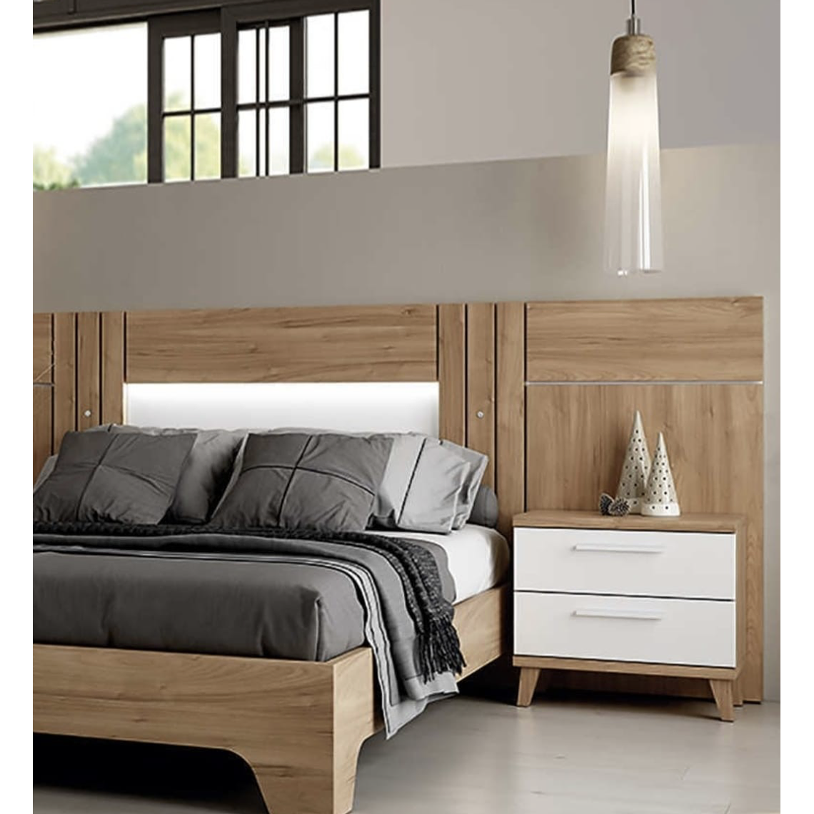 Respaldo + dos veladores con 2 cajones con luz led central 278 cm GHIO 2