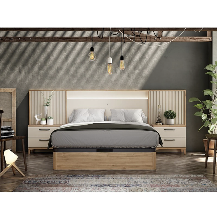 Respaldo + dos veladores con 2 cajones con luz led central 163 cm GHIO 2