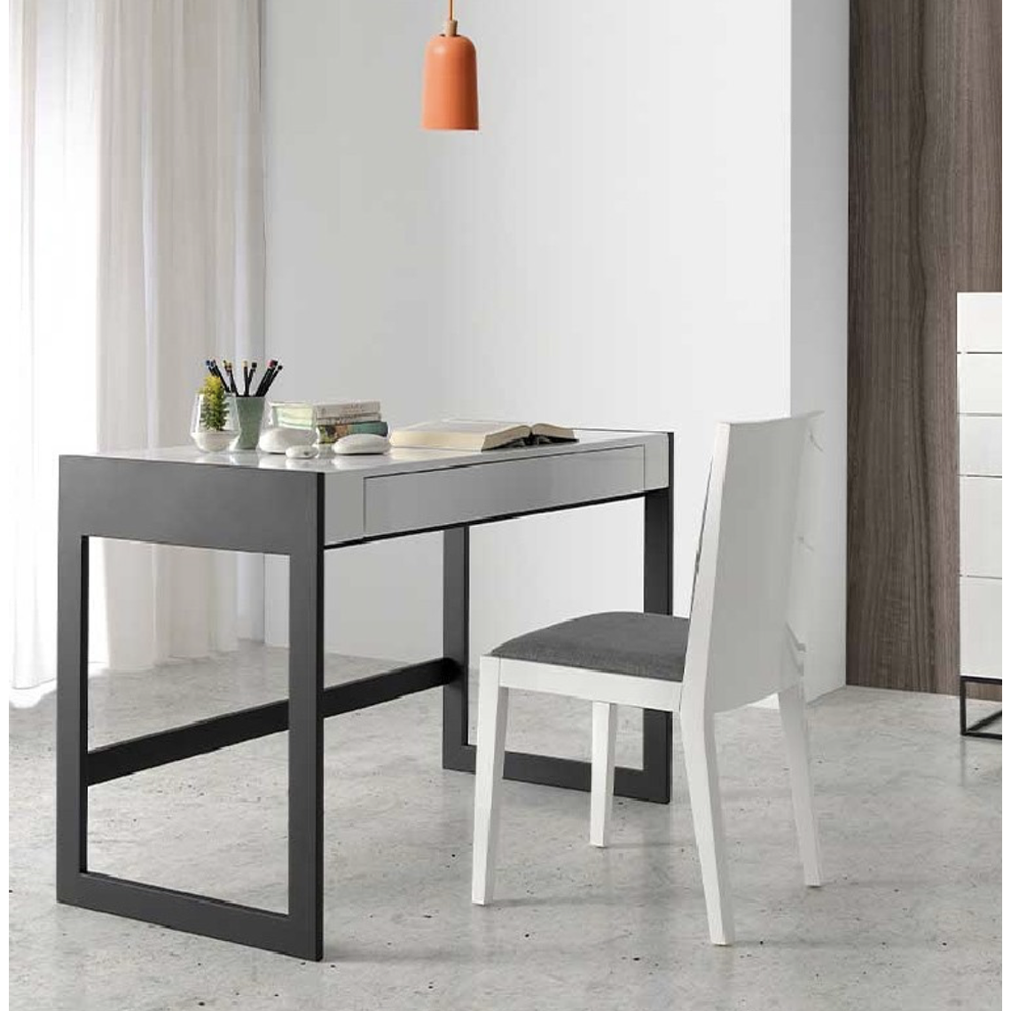 ESCRITORIO LACADO BLANCO CON CAJON Y PATAS METAL NEGRO 120 CM 2