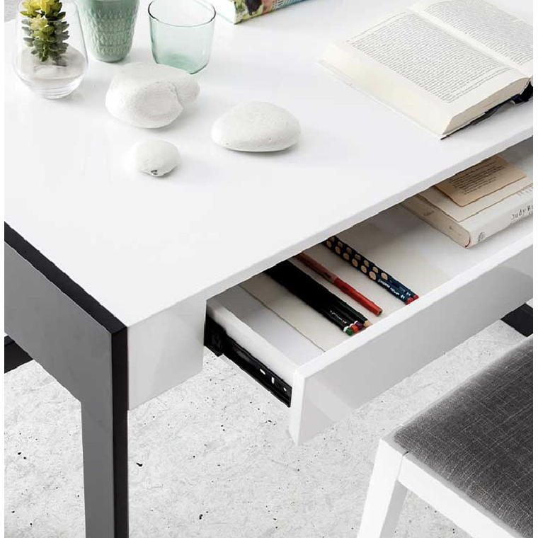 ESCRITORIO LACADO BLANCO CON CAJON Y PATAS METAL NEGRO 120 CM 4
