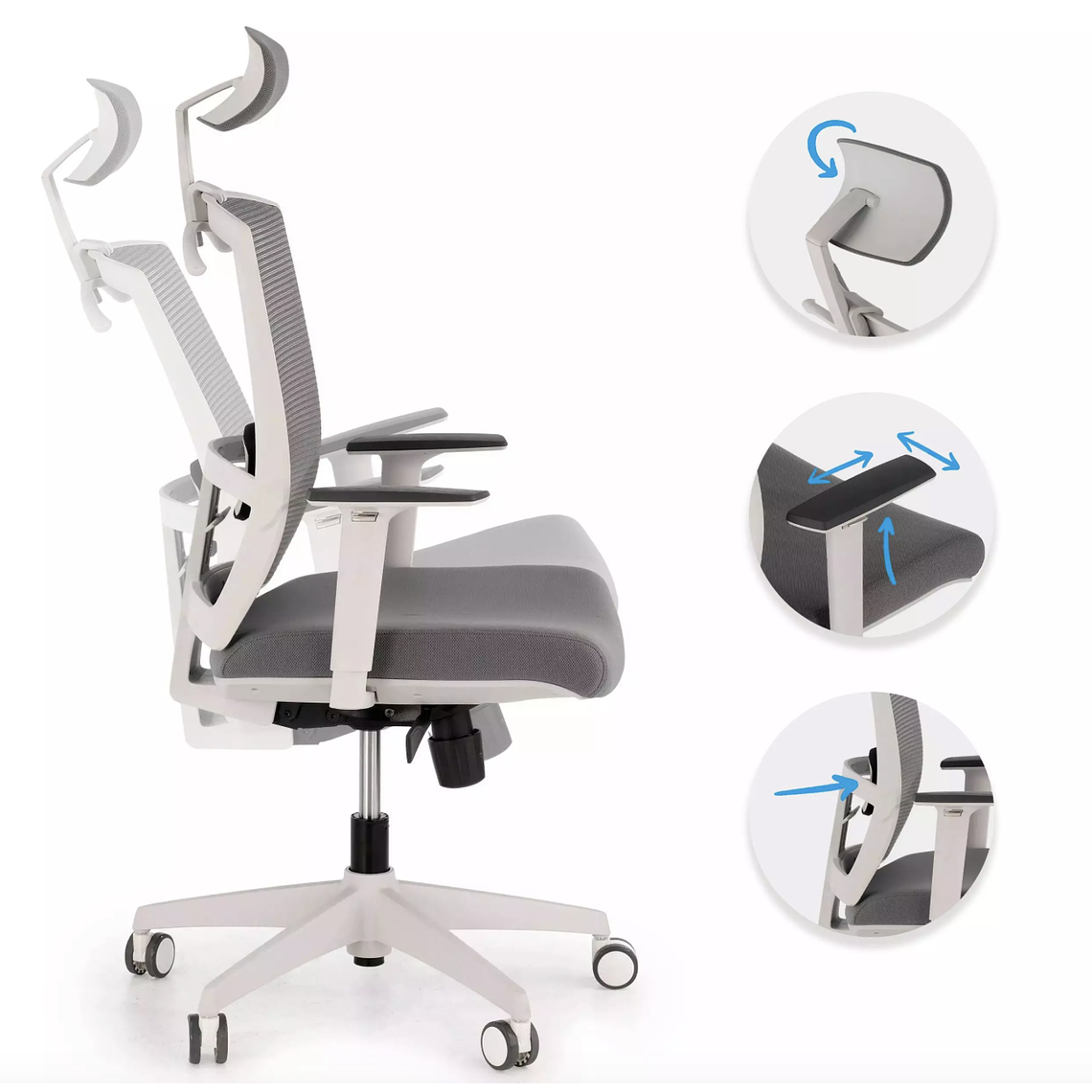 Silla de oficina ergonómica Akira white con reposacabezas Blanco / Gris 3