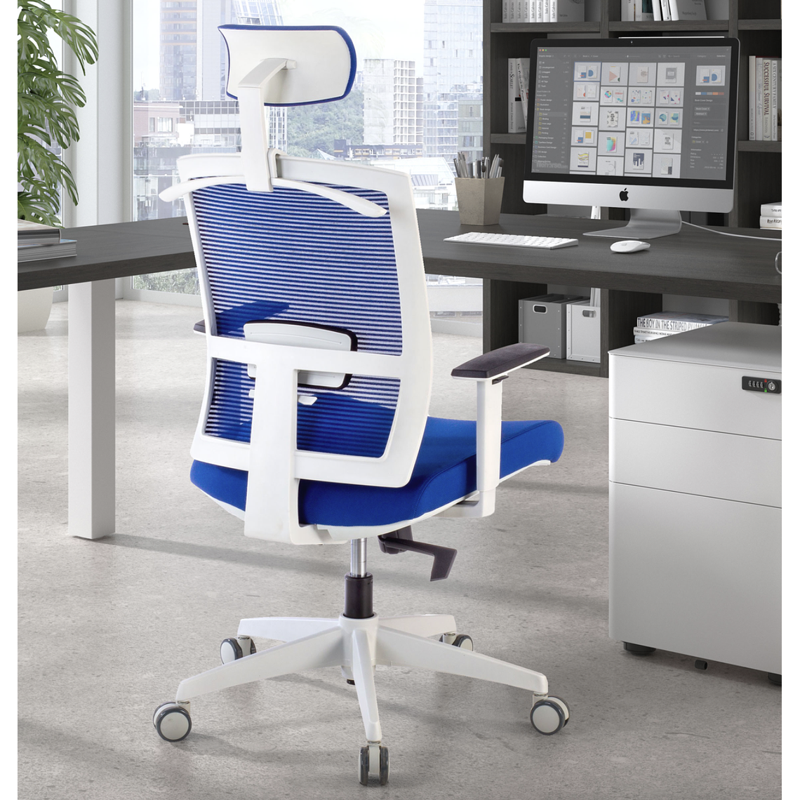 Silla de oficina ergonómica Akira white con reposacabezas Blanco / Azul 2