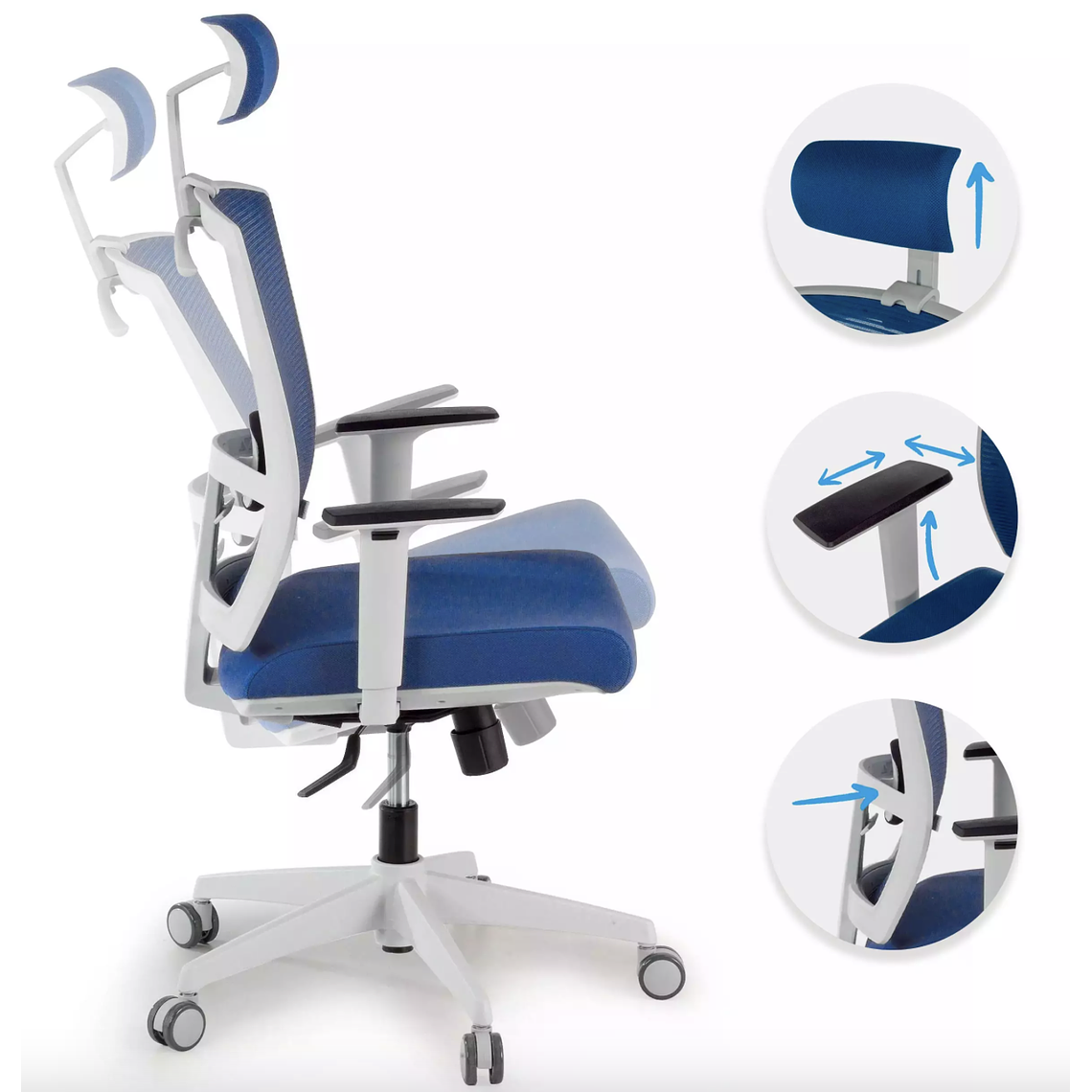 Silla de oficina ergonómica Akira white con reposacabezas Blanco / Azul 3