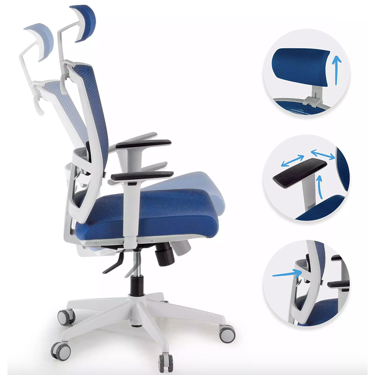 Silla de oficina ergonómica Akira white con reposacabezas Blanco / Azul 3