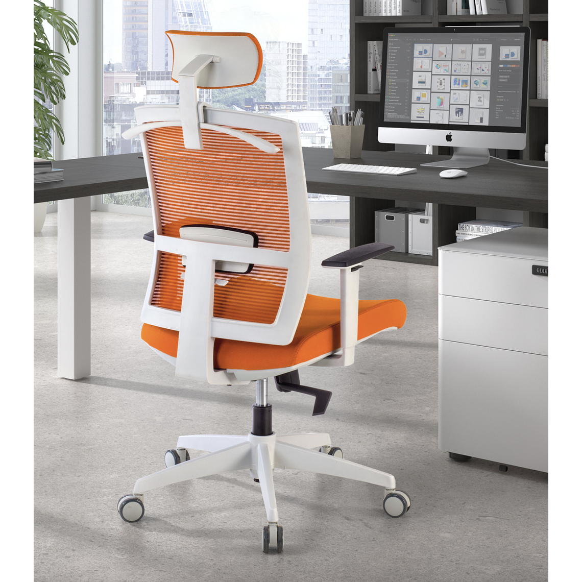 Silla de oficina ergonómica Akira white con reposacabezas Blanco / Naranja 2
