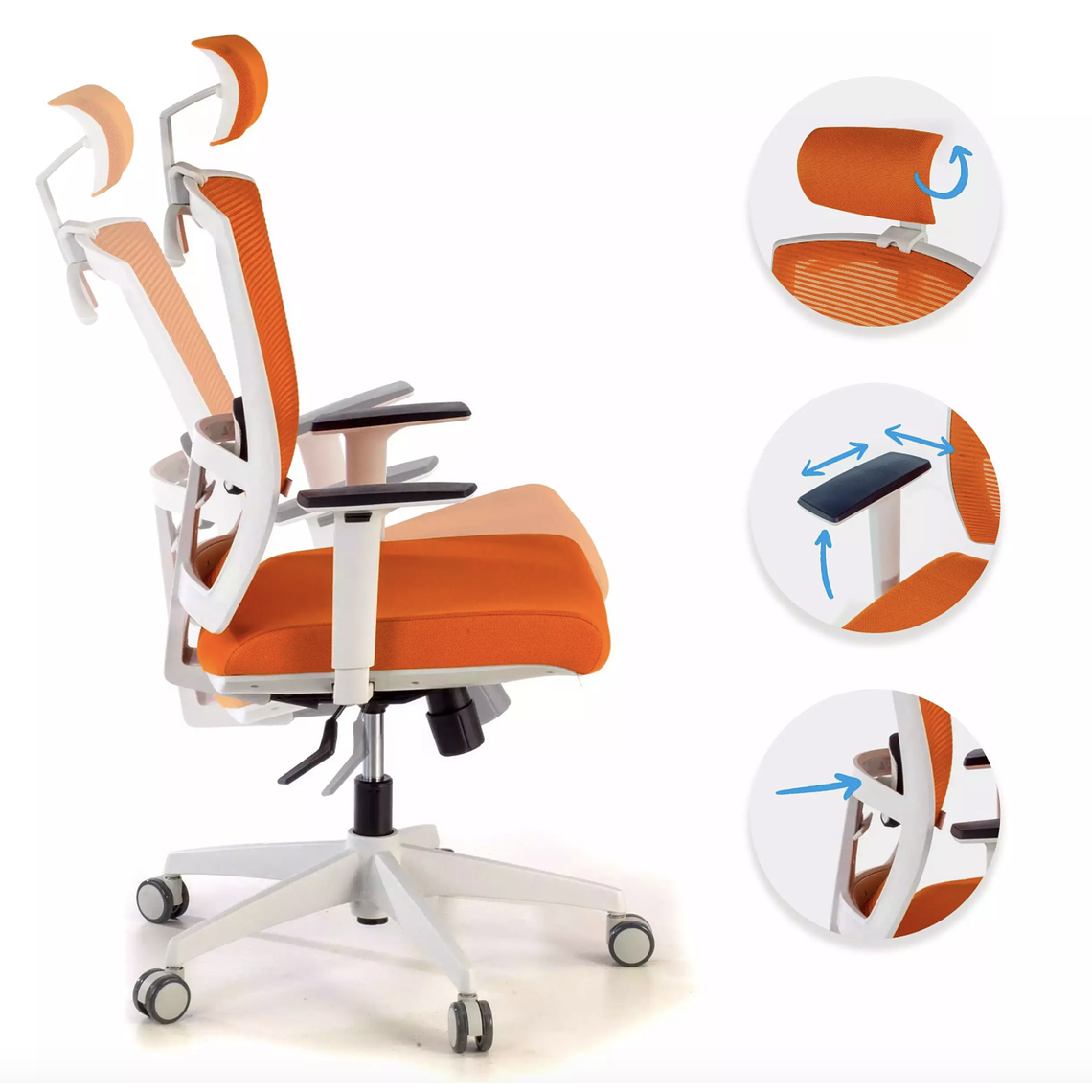 Silla de oficina ergonómica Akira white con reposacabezas Blanco / Naranja 3