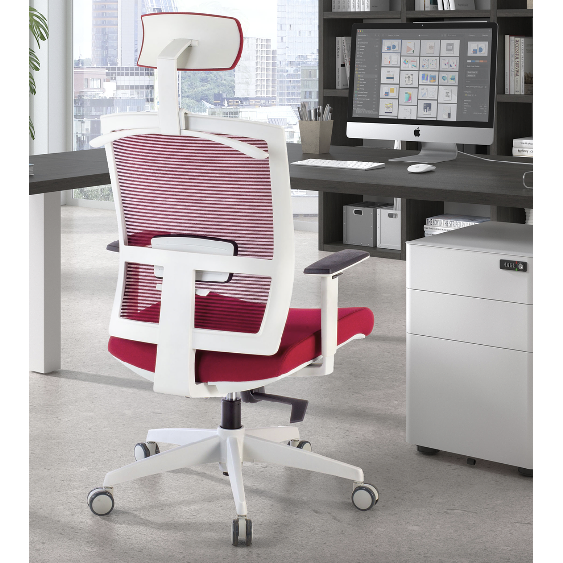 Silla de oficina ergonómica Akira white con reposacabezas Blanco / Rojo 2