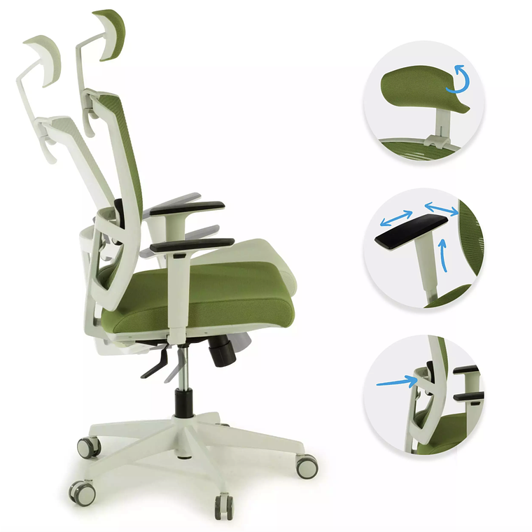 Silla de oficina ergonómica Akira white con reposacabezas Blanco / Verde 3
