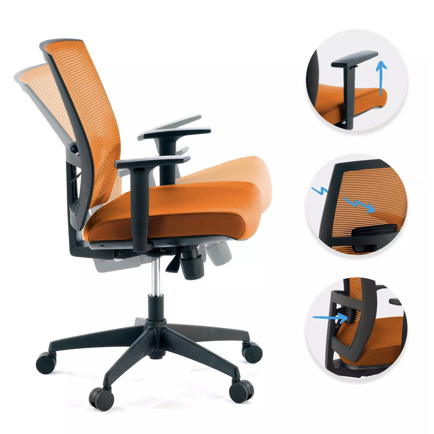 Silla de oficina ergonómica Akira, mecanismo sincro - Naranja