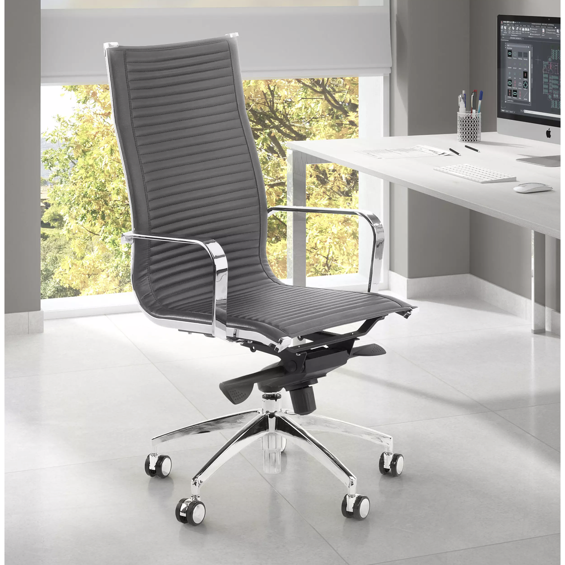 Silla de oficina diseño Brenton, marco de acero, respaldo alto - Gris 2