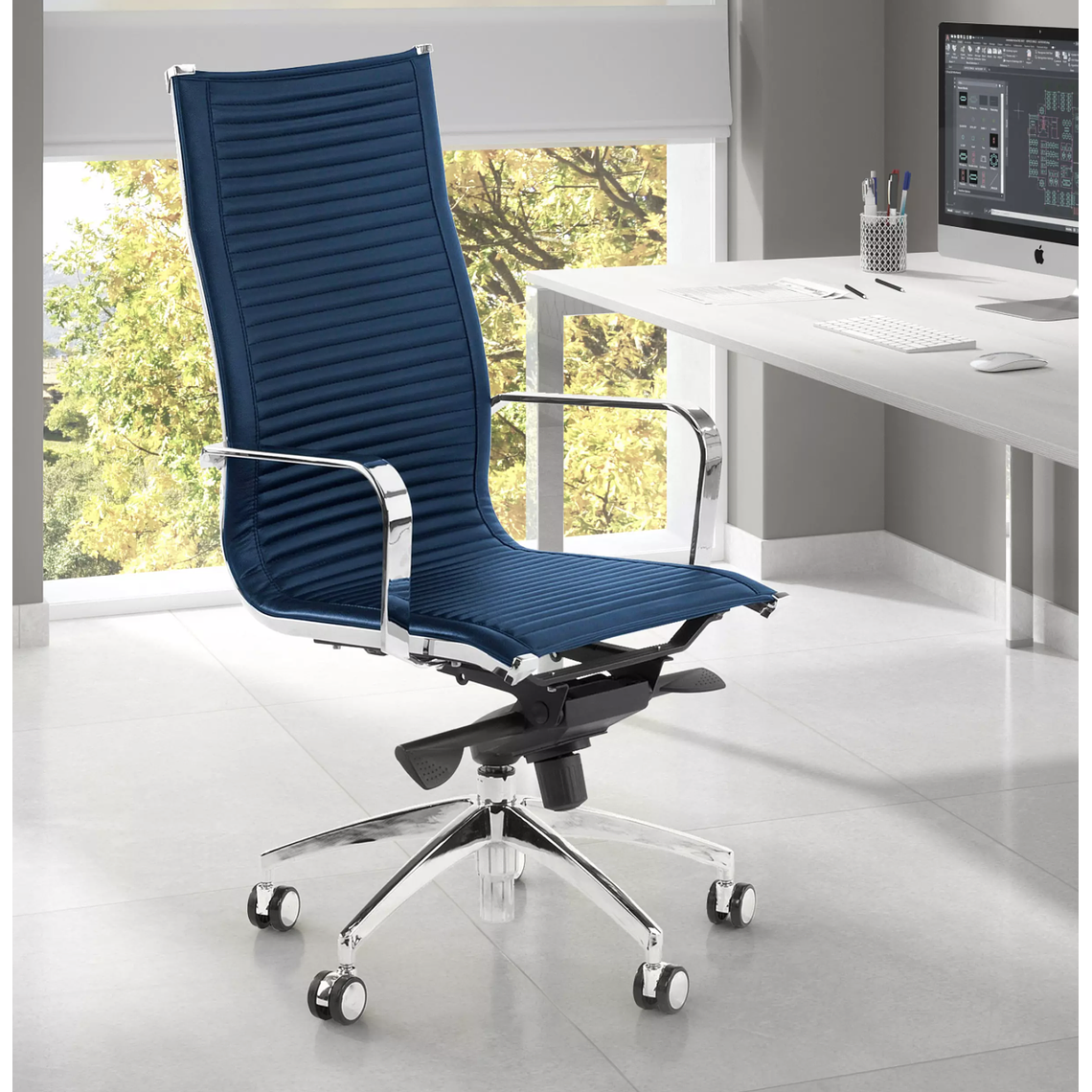 Silla de oficina diseño Brenton, marco de acero, respaldo alto - Azul 2
