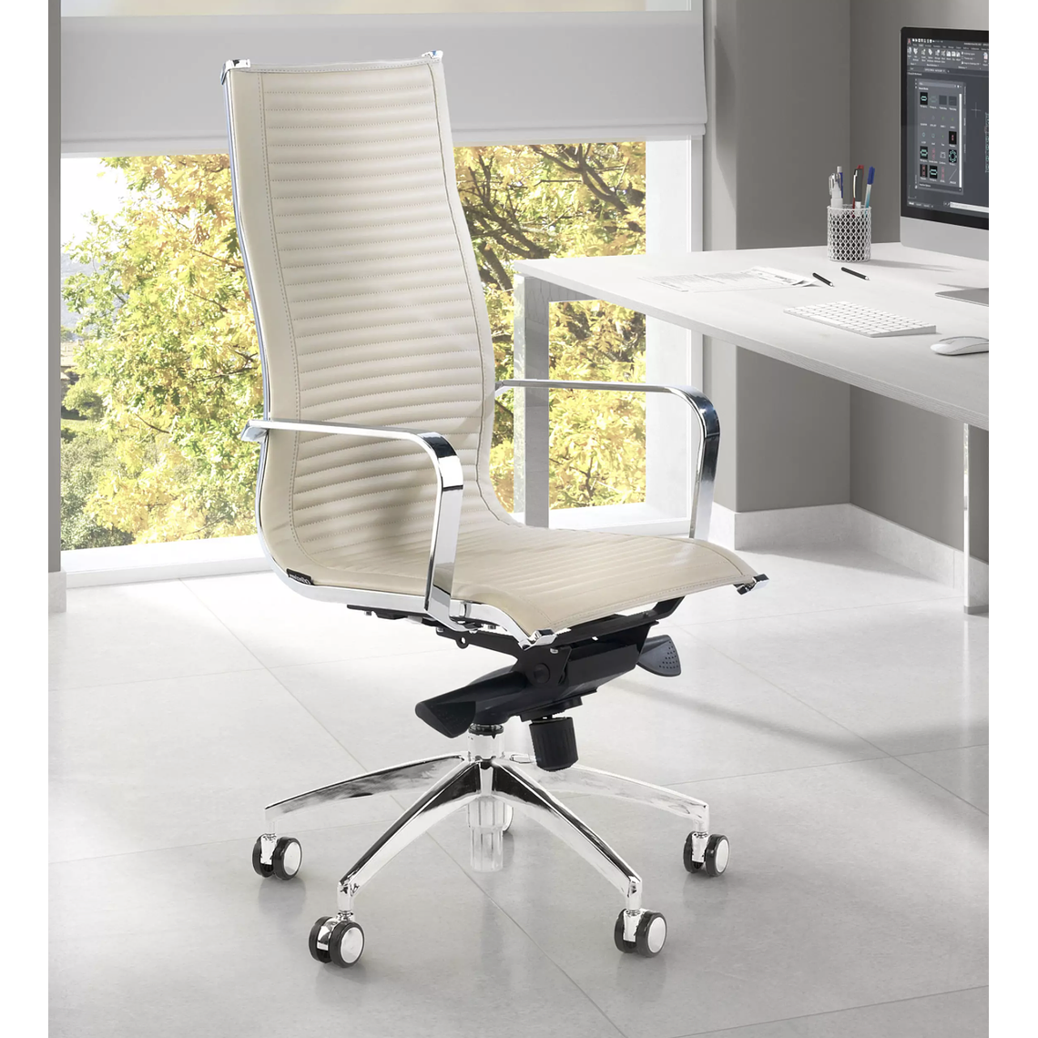 Silla de oficina diseño Brenton, marco de acero, respaldo alto - Beige 2