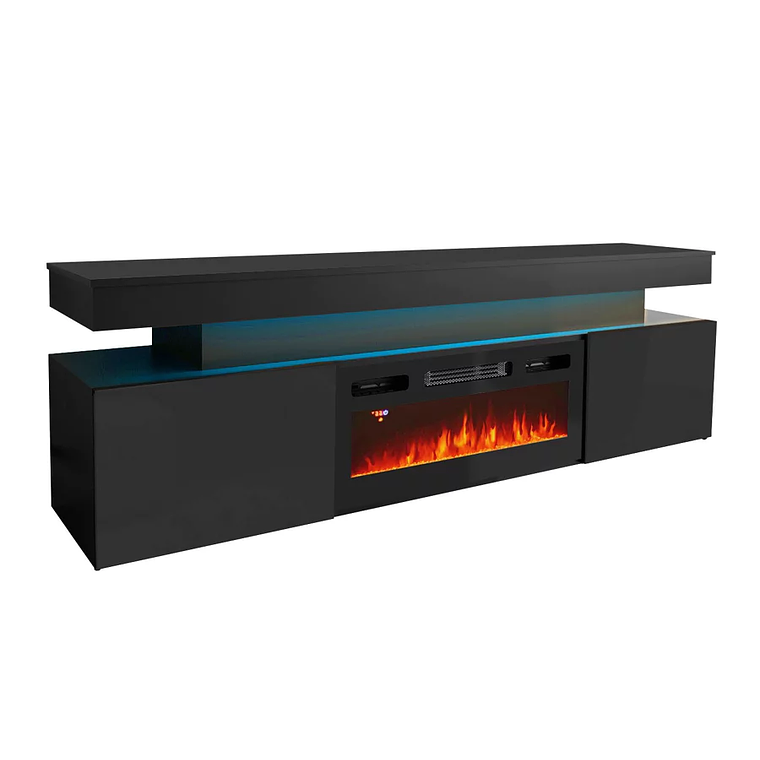 Mueble TV Merced N104 (Negro + Negro brillante) con chimenea y luz led 190 cm 2