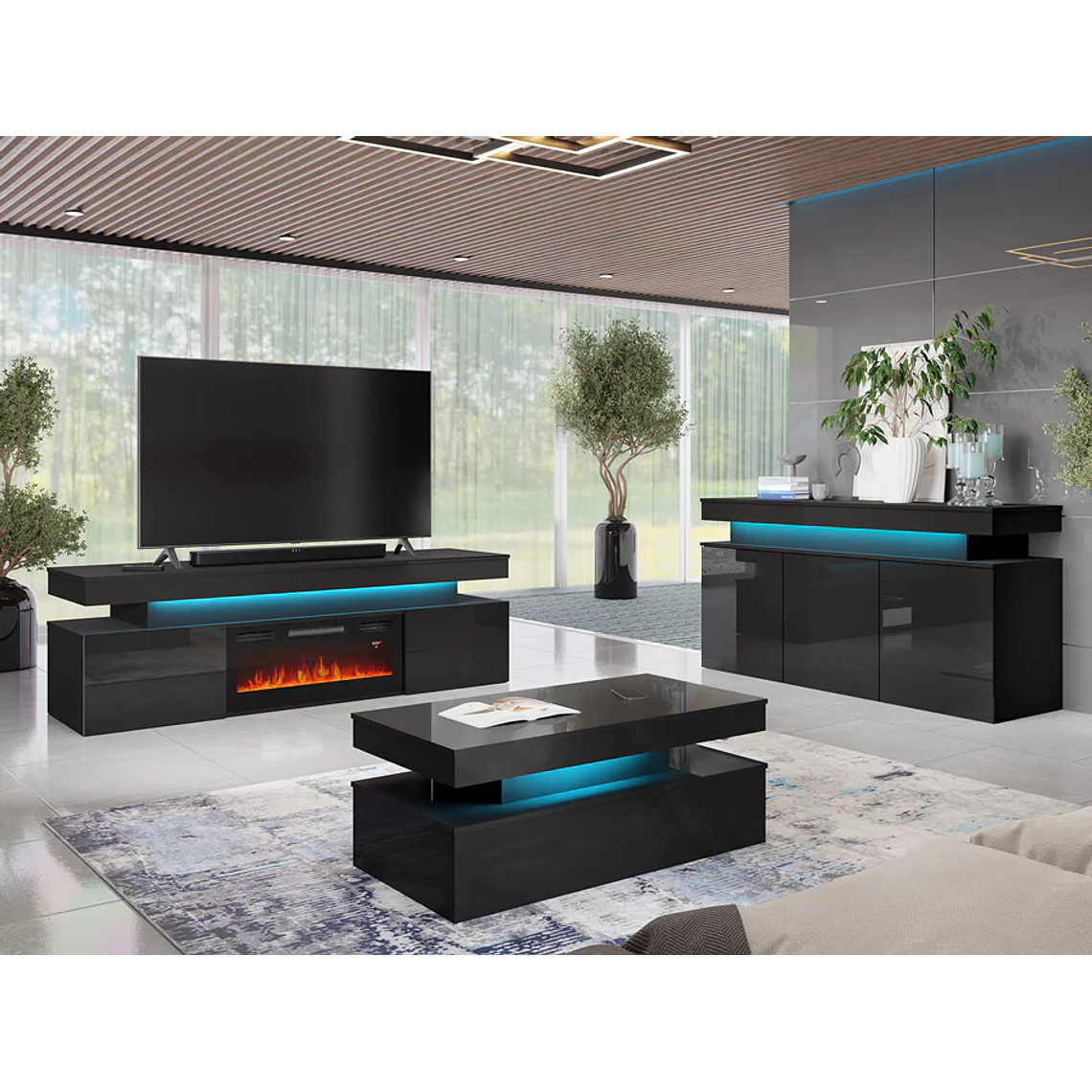 Mueble TV Merced N104 (Negro + Negro brillante) con chimenea y luz led 190 cm 5