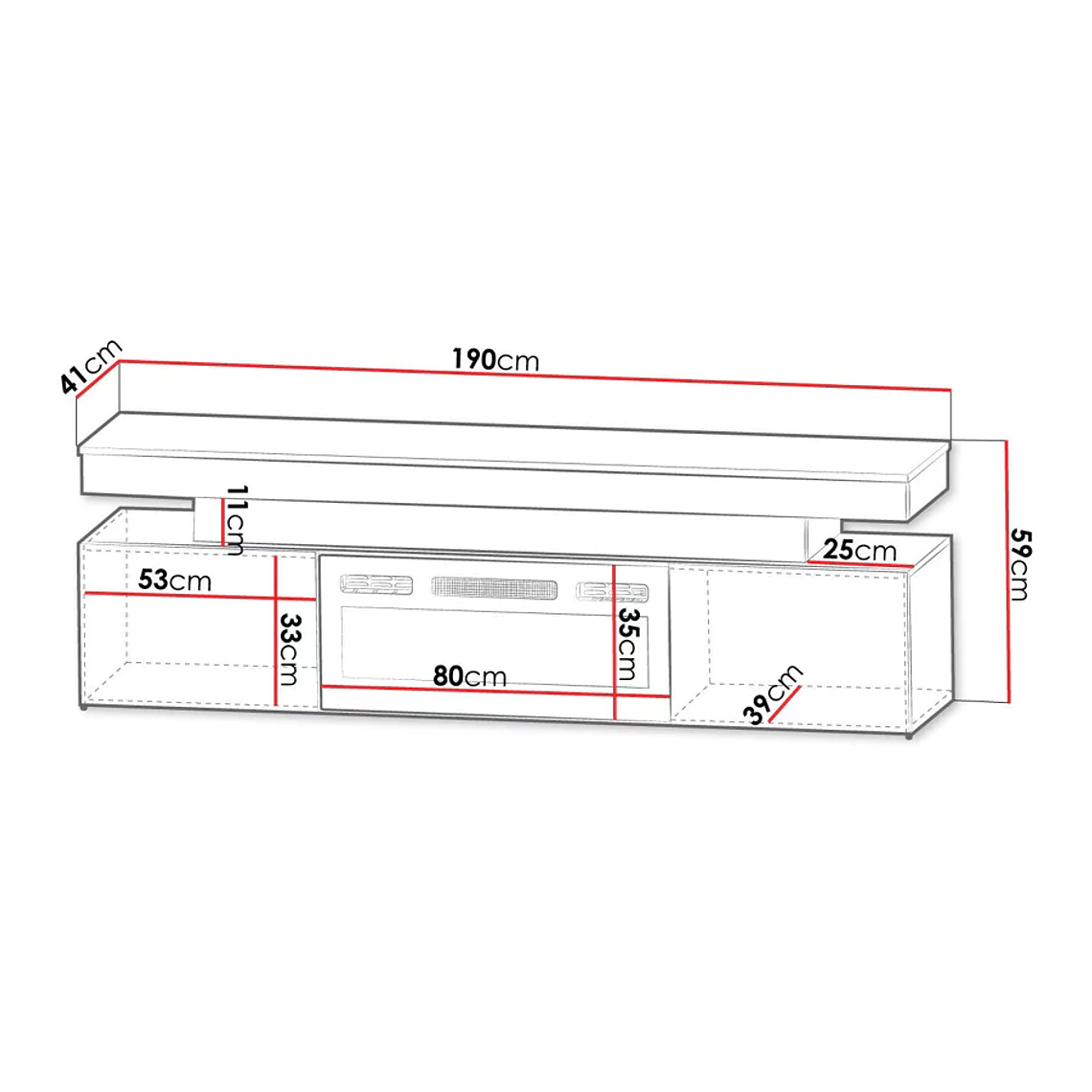 Mueble TV Merced N104 (Negro + Negro brillante) con chimenea y luz led 190 cm 6