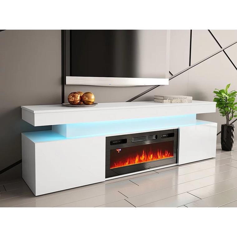Mueble TV Merced N104 (Blanco + Blanco brillante) con chimenea y luz led 1