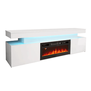 Mueble TV Merced N104 (Blanco + Blanco brillante) con chimenea y luz led