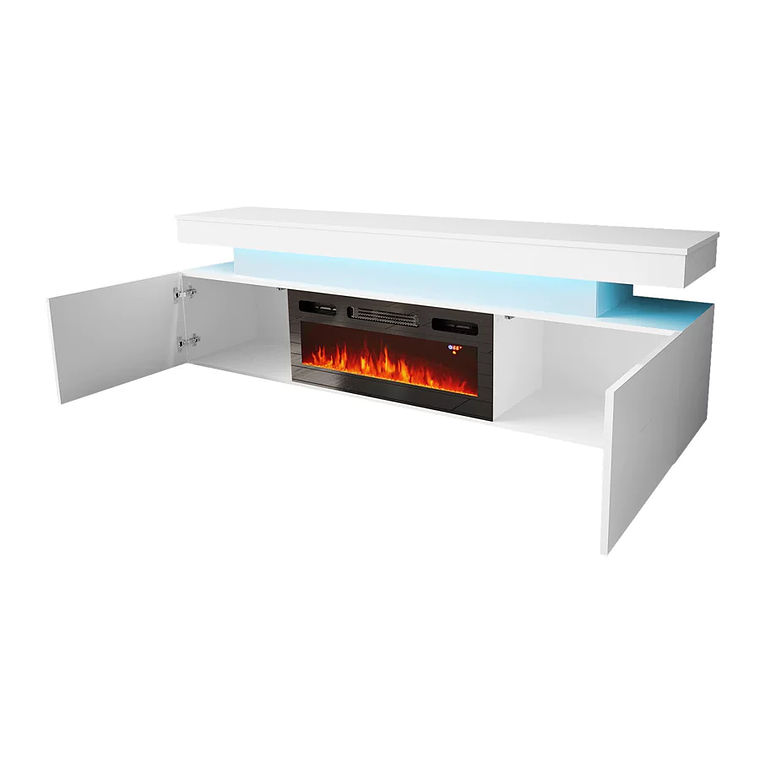 Mueble TV Merced N104 (Blanco + Blanco brillante) con chimenea y luz led 3