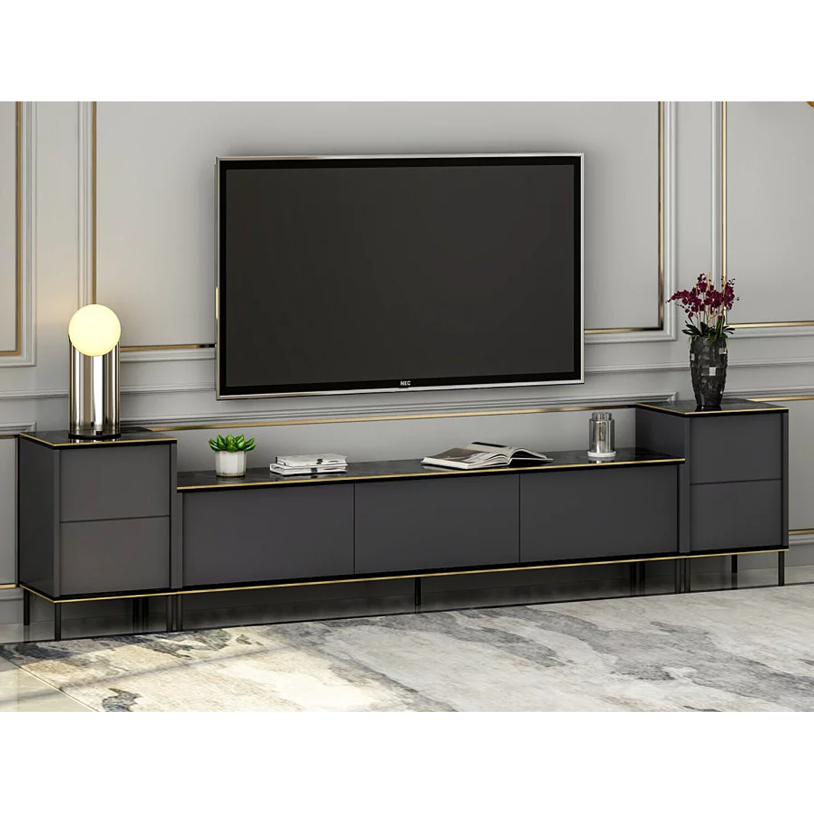 Mueble TV Kailua 1707 (Antracita + Mármol negro) 260 cm 1