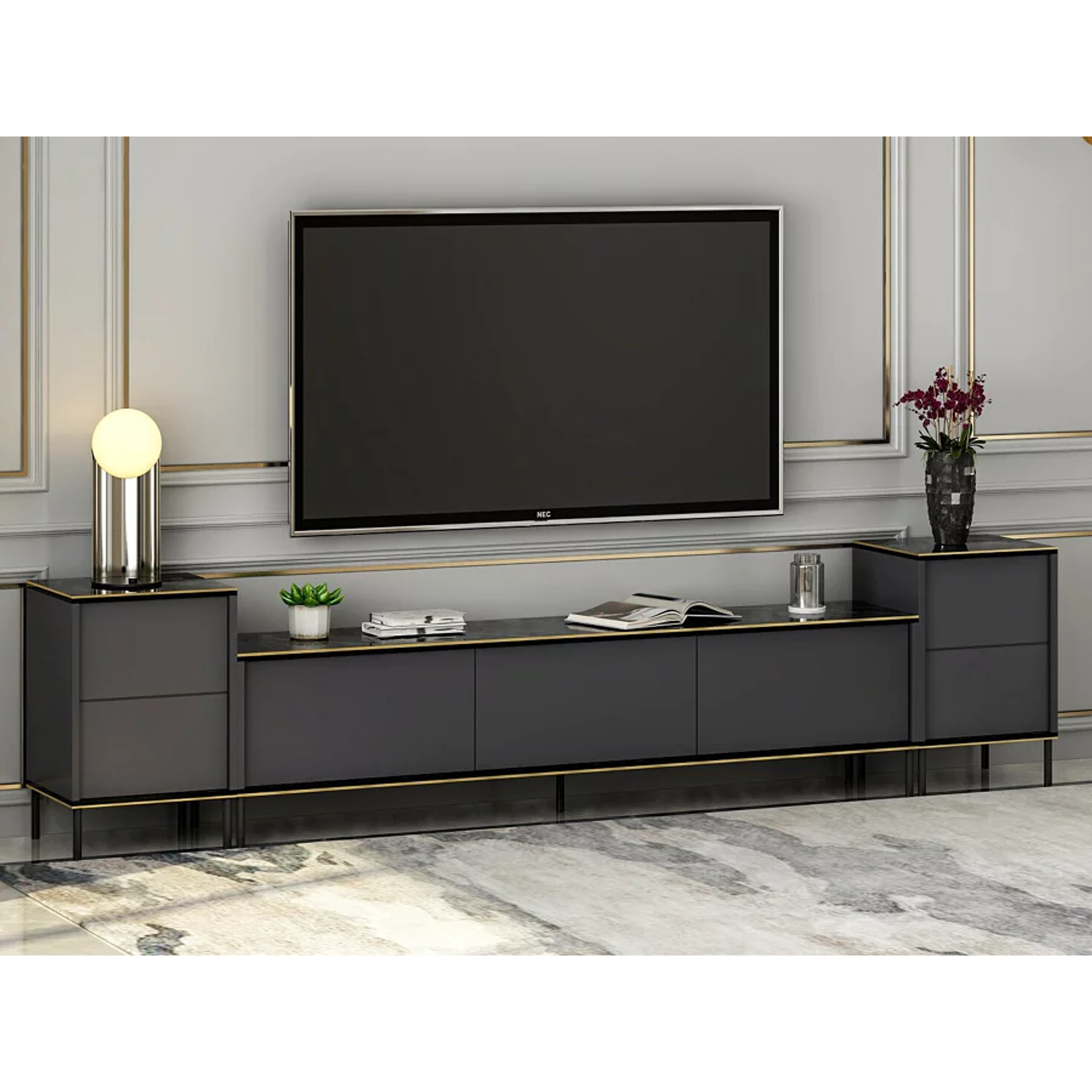 Mueble TV Kailua 1707 (Antracita + Mármol negro) 260 cm