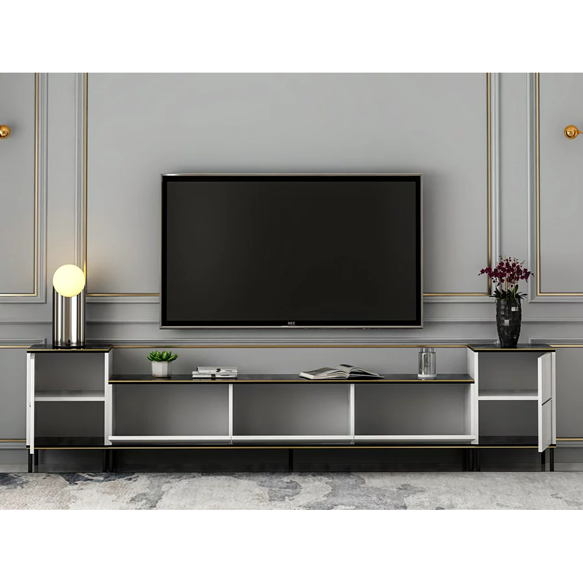 Mueble TV Kailua 1707 (Blanco + Mármol negro) 260 cm 2