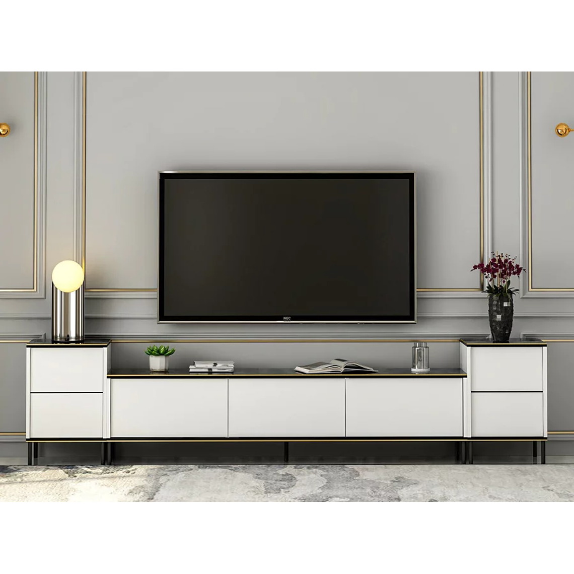 Mueble TV Kailua 1707 (Blanco + Mármol negro) 260 cm 4