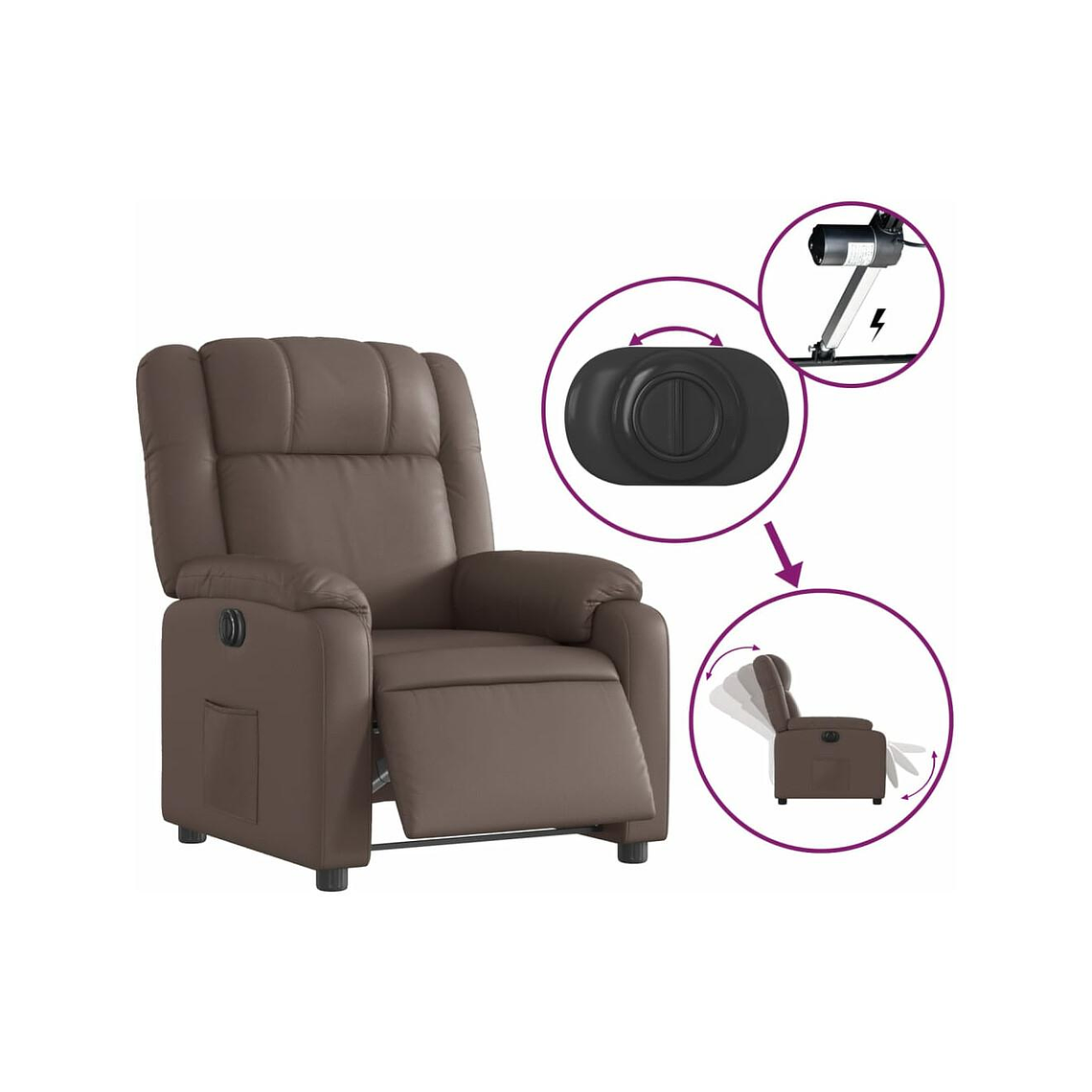 Bergere reclinable eléctrico de cuero sintético marrón 5