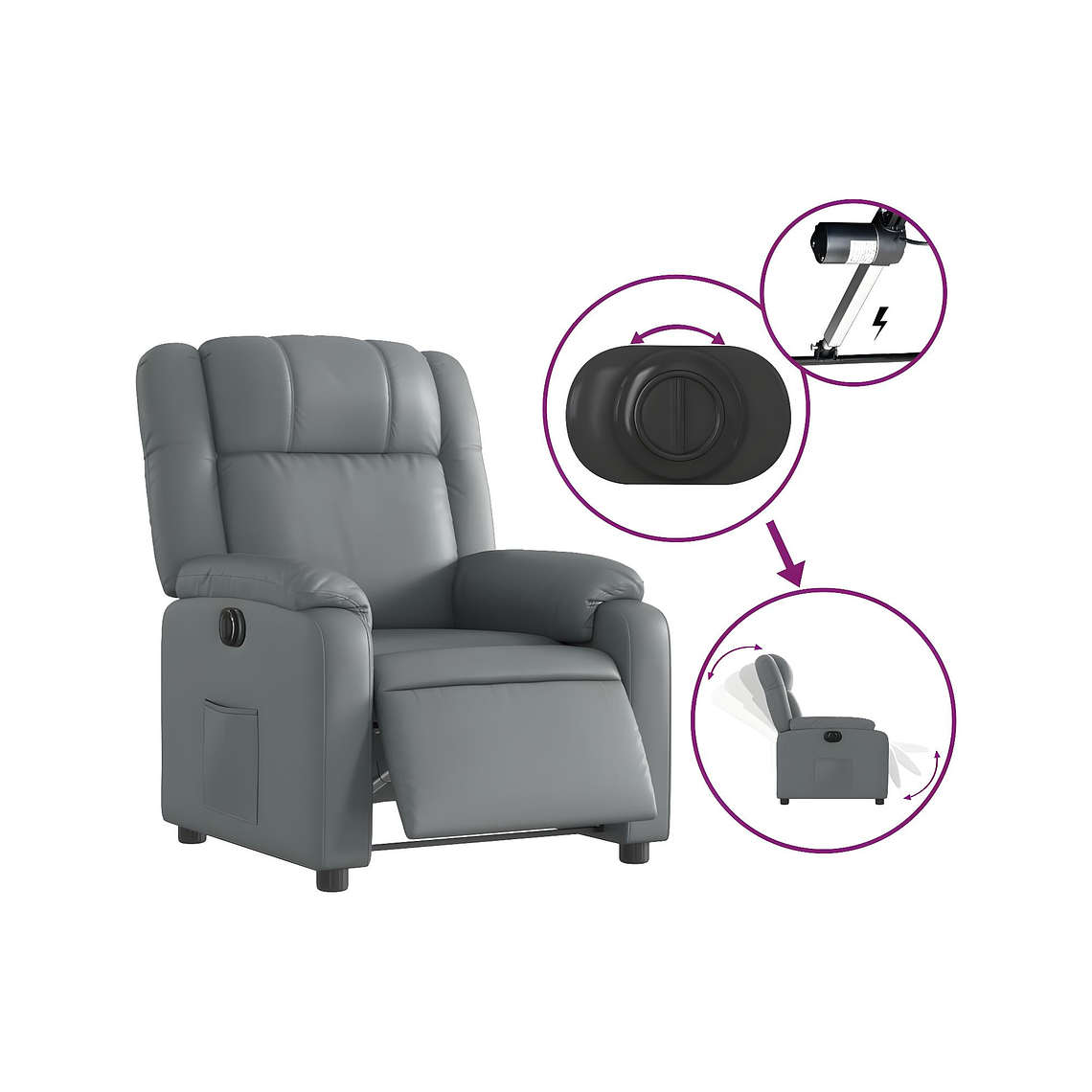 Bergere reclinable eléctrico de cuero sintético gris 5