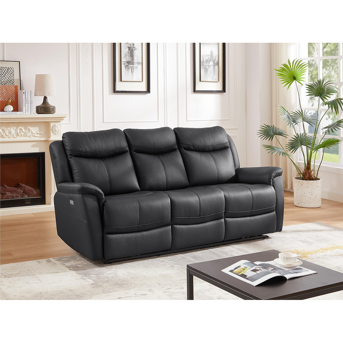 Sofá 3 plazas relax eléctrico de cuero de vaca negro NOMAJO 207 cm 1