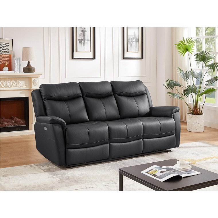 Sofá 3 plazas relax eléctrico de cuero de vaca negro NOMAJO 207 cm 1