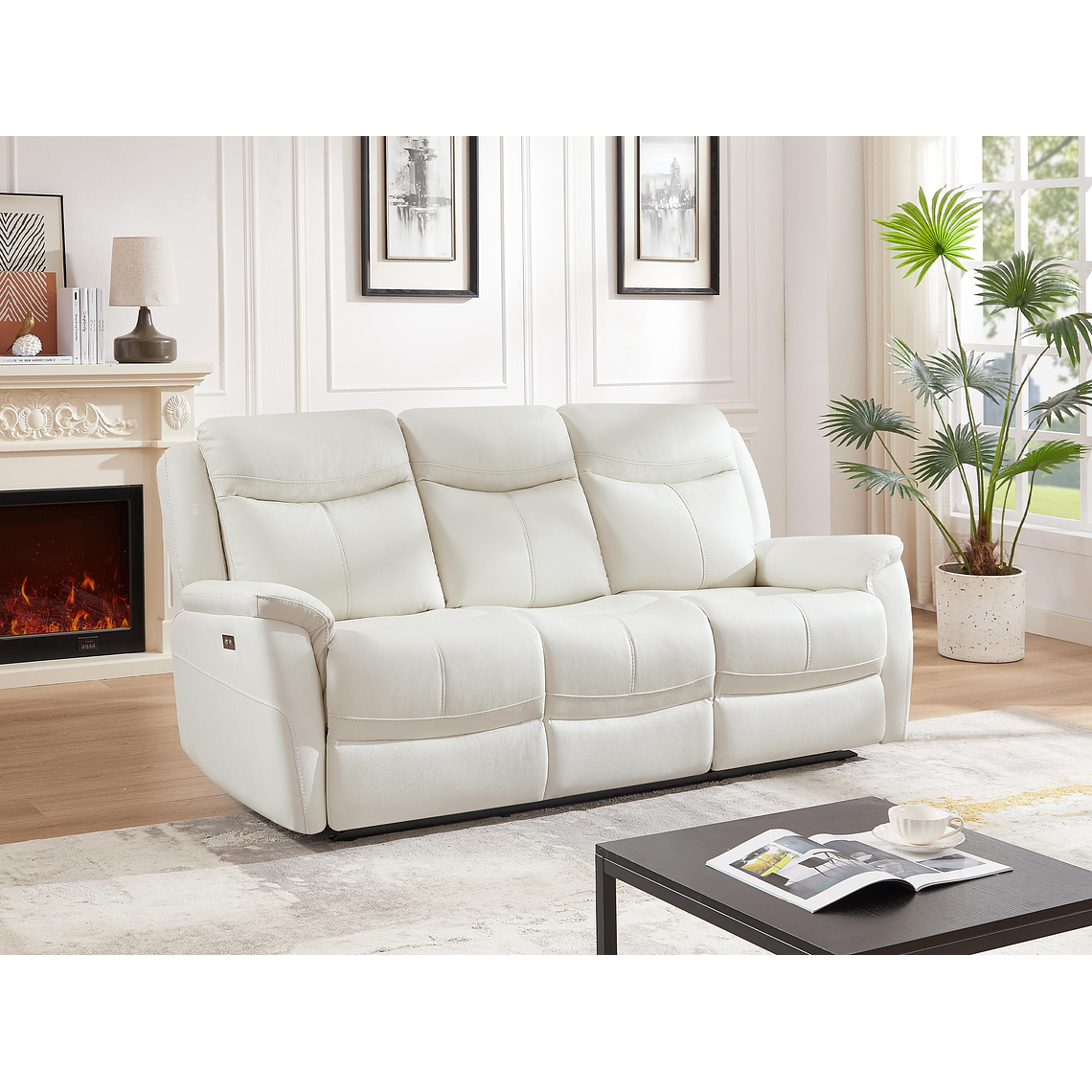 Sofá 3 plazas relax eléctrico de cuero de vaca blanco NOMAJO 207 cm 1