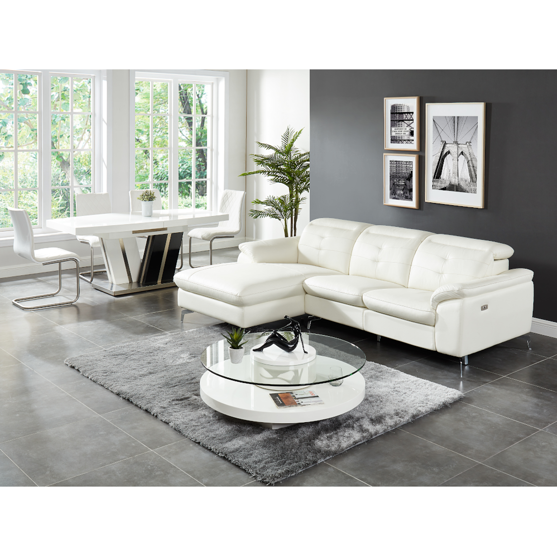 Sofá rinconero relax eléctrico de piel de búfalo LISMORE - Blanco - Ángulo izquierdo 250 cm 1