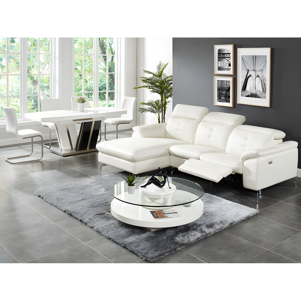 Sofá rinconero relax eléctrico de piel de búfalo LISMORE - Blanco - Ángulo izquierdo 250 cm 7