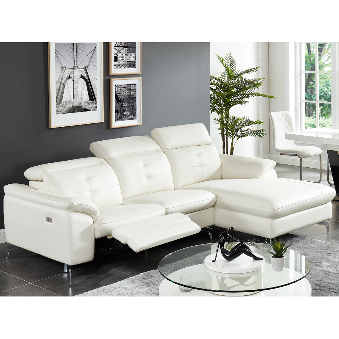 Sofá rinconero relax eléctrico piel de búfalo LISMORE - Blanco - Ángulo derecho 250 cm 2