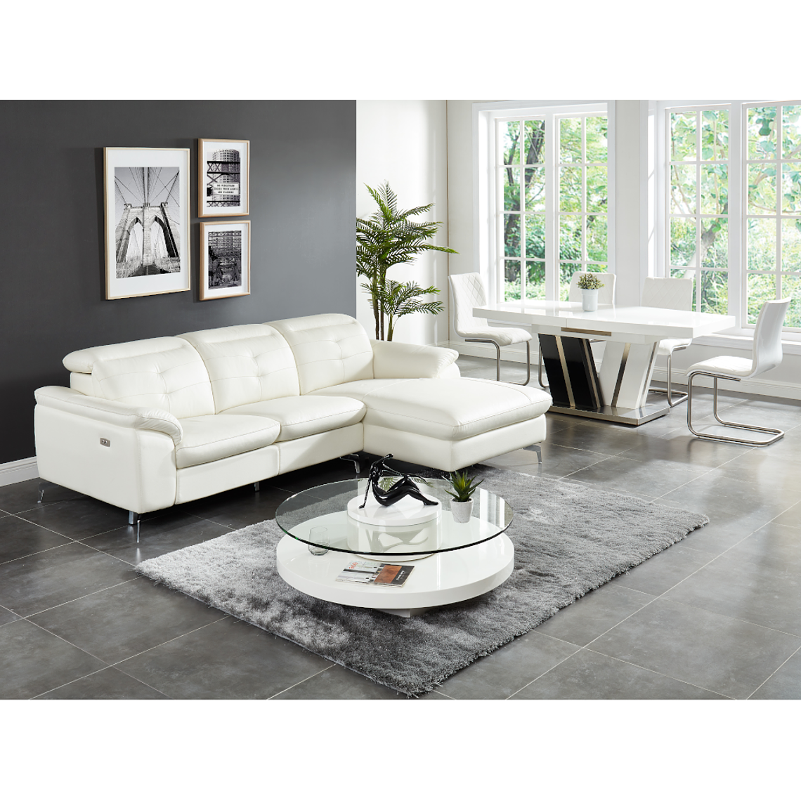 Sofá rinconero relax eléctrico piel de búfalo LISMORE - Blanco - Ángulo derecho 250 cm 6