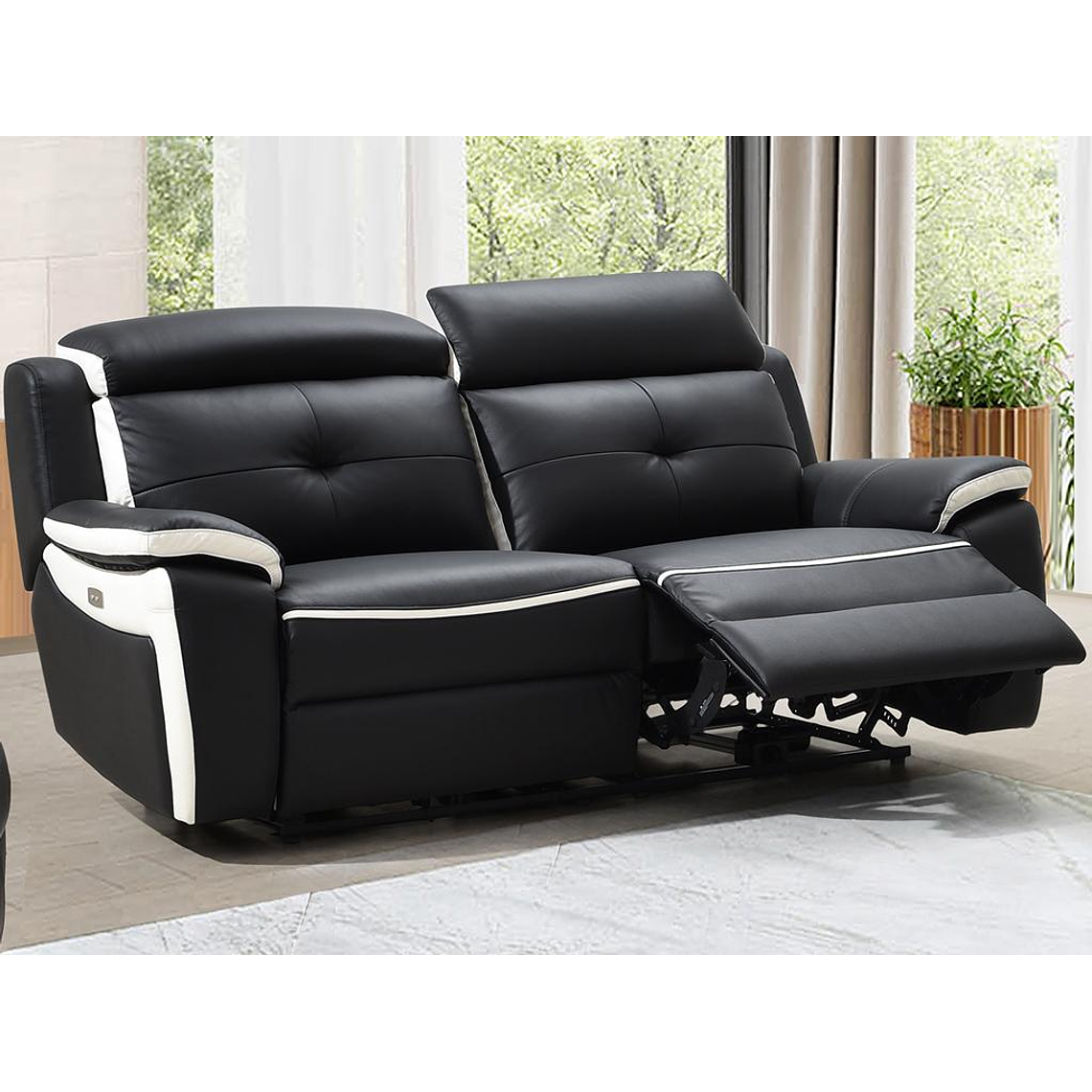 Sofá relax eléctrico de 3 plazas de piel ANGELIQUE - Negro/blanco 207 cm 1
