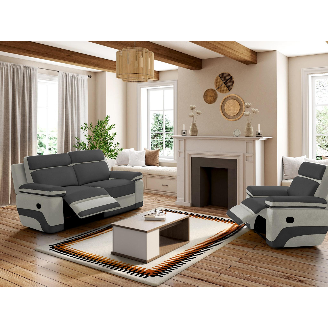 Sofá 3 plazas relax de microfibra TALCA - gris claro y antracita 199 cm 1