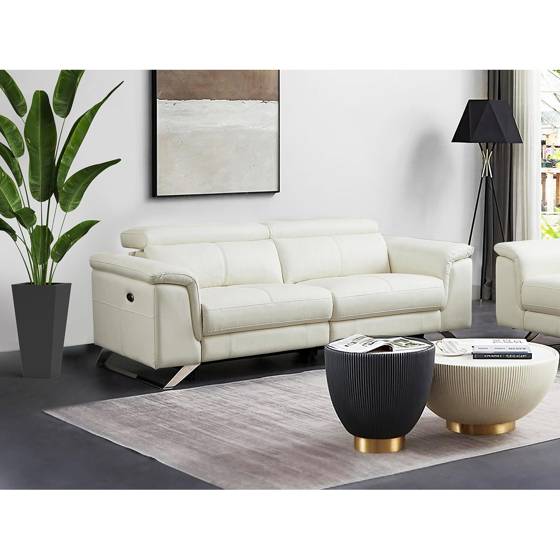 Sofá de 3 plazas relax eléctrico de piel de becerro blanco BREYT II 220 cm 1